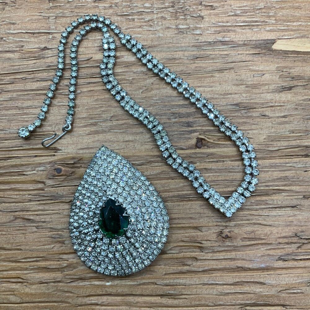 Celebrity NY Vintage Glass Green Stone Teardrop Crystal Necklace Brooch - Picture 2 of 9